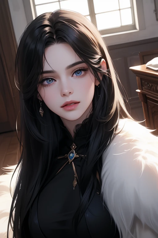 above front view, smile, (best quality, ((masterpiece)), 8K resolution, cinematic lighting, ultra detailed, Semi-realistic, beautiful detailed eyes),1 Women,(bangs hair), (fantasy Gorgeous costumes), 25-year-old,((black long straight hair)), Gorgeous room,...