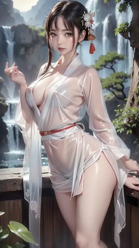 ((Waterfall basin on a moonlit night)),((beautiful woman standing in the middle of the pond)),((Beautiful half-naked woman in a beautiful waterfall basin)), ((Sharp bewitching eyes))、((A sexy))、(((See-through kimono:1.3)))、((Kimono made of thin cloth wet w...