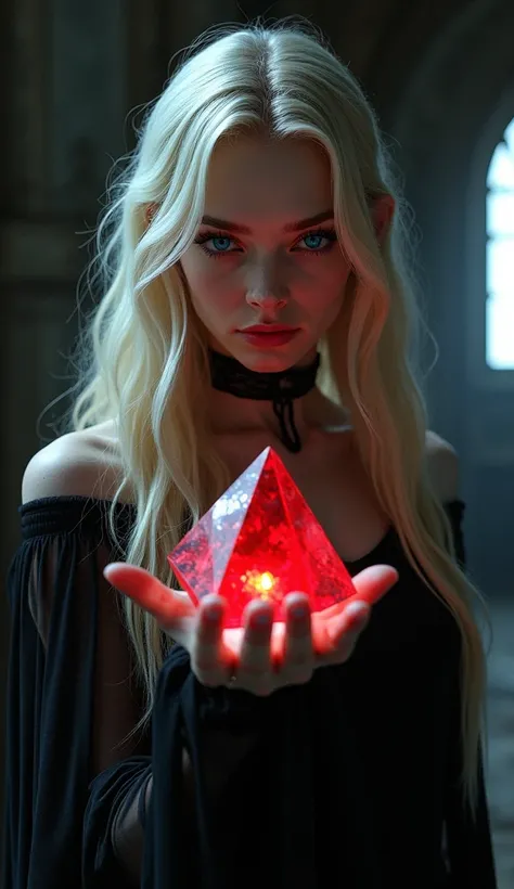 A blue-eyed blonde vampire woman holding a crystal tetrahedron with blood