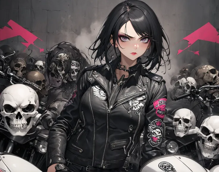 Mulher Moto Club, leather vest, skull,  black hair, makeup, slanted eyes