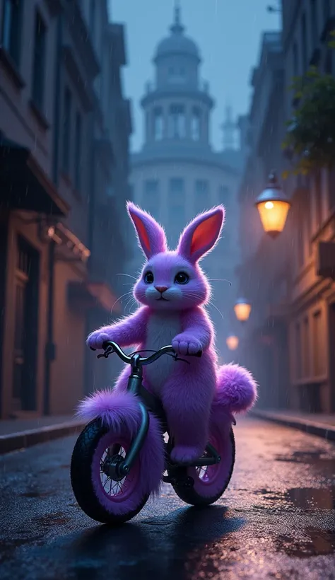  imaginary　night　rain　In the back alley of a dark building street 　 rode a cute bicycle　Of cute purple fur　 fluffy rabbit