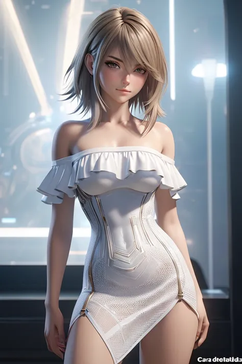 sexy chica,Futuristic Final Fantasy XIII style clothing, Delicate,blouse,,4k,delicate skin, stunning breasts  ,  detailed lighting  , cara detallada ,dazzling skin, off-the-shoulder white shirt  ,3D,Anime Art,  Realistic photo, warm expression ,  long eyel...