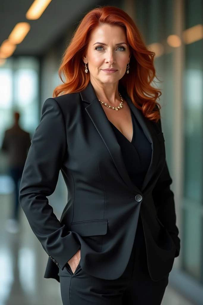  Middle-aged woman , with abundant breasts ,  redhead dressed as an aggressive executive.  Photo showing a full-bodied . thin and very attractive .
