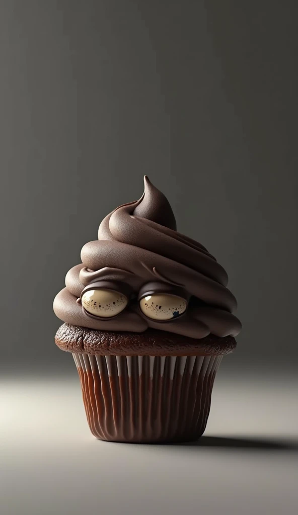 Há um cupcake de chocolate com chocolate coating e olhos tristes fofo, queque, sad depressive pose with tears in the eyes  , Alexey Egorov, c 4 d ", chocolate coating, raio v, V - Radius, Directed by: Artur Tarnowski,  Rolands Zilvinski renderiza arte em 3...