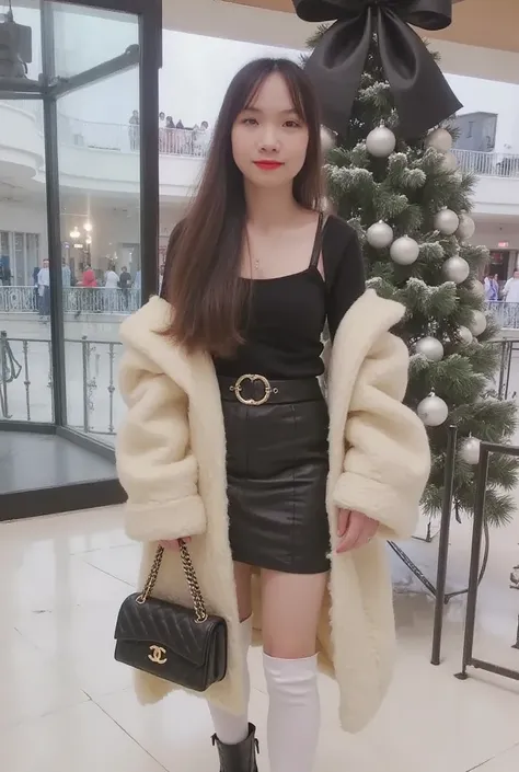 Phuong, The image is a black and white photograph of a large Christmas tree in a shopping mall. The tree is covered in snow and has a large black bow on top. The bow is attached to a black ribbon that is tied in a bow shape. In the background, there is a g...