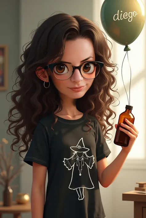  Girl long curly brown hair light reflections black root, glasses, Chupete en ,  black t-shirt ,ñ drawing of a witch ,  barefoot pajama pants , right hand bottle ,  a balloon with the written word Diego 