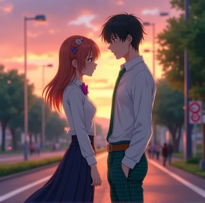  An 18-year-old anime-style couple , arguing, To Love Ru,  standing on a sidewalk of a highway in the city of Tokyo with trees and shrubs ,  houses and shops in the surrounding area ,  with few people in the surrounding area during sunset with a orange and...