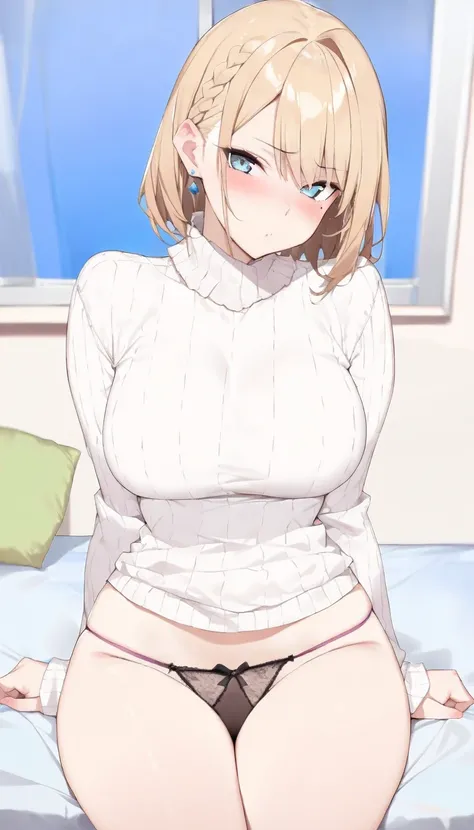 (masterpiece, top quality, best quality, beautiful and aesthetic:1.2),(8k, best quality, masterpiece:1.2),erotic picture,anime,cute,1girl,slut,bimbo,knitted sweater,Dark blonde hair, mole under right eye,light brown eyes,35years old,braid hair,Earrings,D-c...