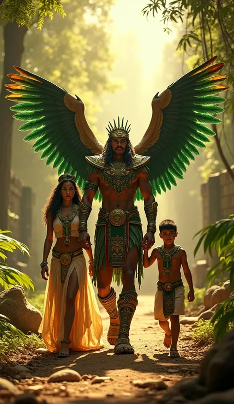 A powerful pre-Hispanic Aztec family walking forward, facing the viewer, in an epic jungle setting. The father is an imposing Aztec Eagle Warrior with the body of a human and the head and wings of a majestic eagle, dressed in vibrant green and gold feather...