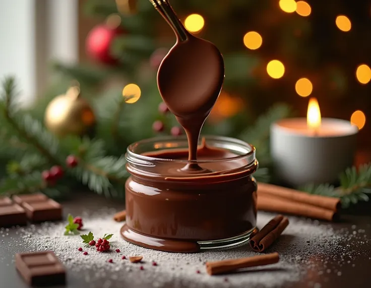 container with melting chocolate for another preparation and Christmas background
