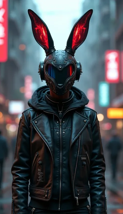 spawns a person with a bunny helmet and a cyberpunk-style leather jacket