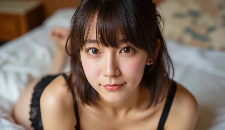 (( High Quality、8k、Master Pee:1.3))、1 Girl、A beautiful woman with slim abs:1.3、( casual hairstyle、Super Boobs:1.4)、underwear:1.2、Super detailed face、Delicate eyes、 double eyelids、Soft Breasts、Smiling expression、Super exposed cleavage、whole body、 bed、 black...