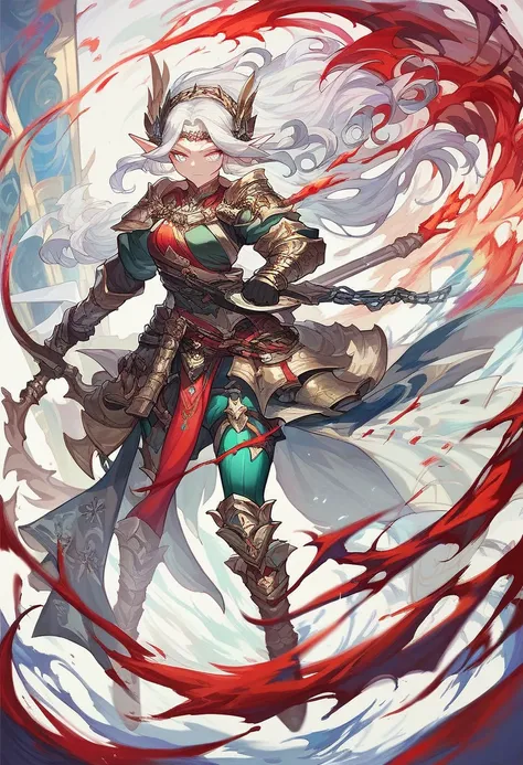 score_9, score_8_up, score_7_up, (a light elf, warrior, using two daggers, white hair, detailed eyes, detailed face, anime version), high quality, vibrant colors, masterpiece, full body, in the glow of light, ornate clothing.