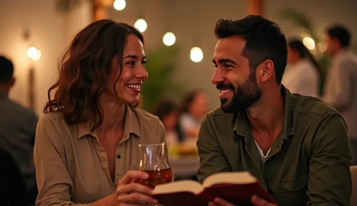 Julia, A 32-year-old girl , with wavy brown hair and expressive eyes,  light brown skin. Gabriel,
A 35 year old man,  with short hair and a beard for making . Julia e Gabriel estão em um evento beneficente,  talking in a quiet corner . Both are smiling,  w...