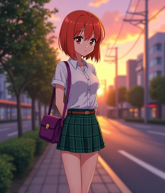  A 17-year-old anime-style lady , arguing, To Love Ru, standing on a sidewalk of a highway in the city of Tokyo with trees and shrubs ,  houses and shops in the surrounding area ,  with few people nearby during sunset with an orange and purple sky,  measur...