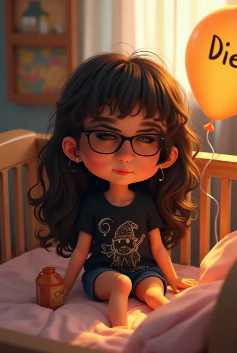  Girl with long curly brown hair light reflections black root, glasses, Chupete en ,  black t-shirt with a drawing of a witch , in a crib , barefoot, right hand bottle ,  a balloon with the written word Diego  