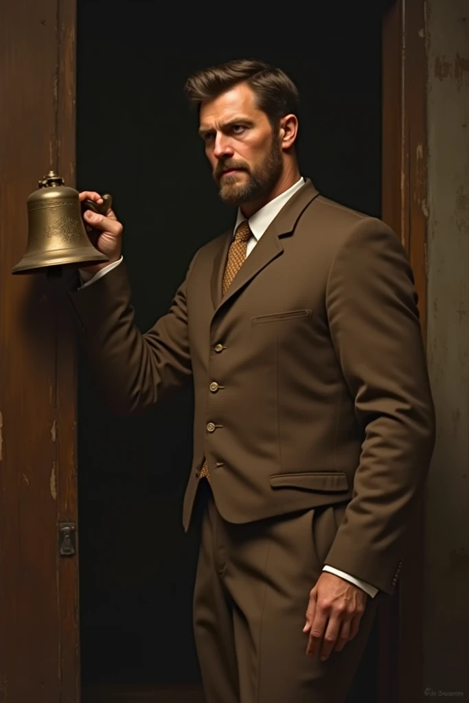 Early Renaissance-style image, of a teacher in a brown suit and stubble, and without a tie, blaring the school bell, with a dark brown background