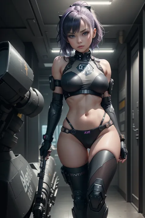 
８ｋ, realistic skin structure 、Superrealism、Realistic Photo、A Japanese female pilot belonging to the  near future  military is riding in a cockpit installed on the abdomen of a large robot.、 damaged moss green battle tank robot 、 skull sign painted on armo...