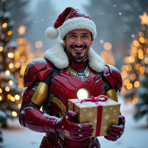 Tony Stark, alias Iron Man, est représenté en cosplay festif pour Noël.
Il porte son armure emblématique rouge et or, mais avec des touches de décorations festives, comme des bordures vertes et des motifs de flocons de neige.
Son costume est complété par u...