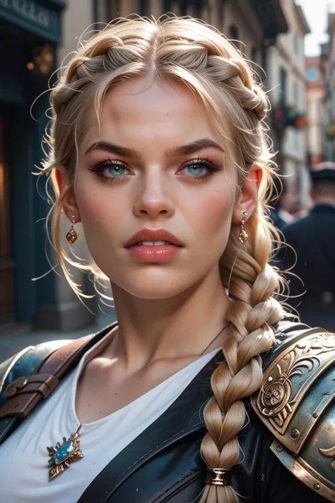 Magrete Berge is strong and determined woman with Nordic warrior aesthetics. She has long, blonde, braided hair with intricate plaits and a fierce expression. Her eyes are piercing and expressive, set against fair skin. She has natural lips that are thinne...