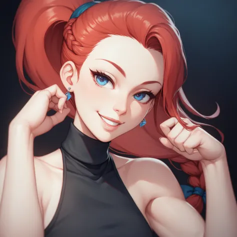 female black sleeveless turtleneck with bare shoulders and racerback, bare toned arms, beautiful faces, long red colored ponytail with showing forehead, earrings, soft smooth skin, pale skin, black background, blue eyes, sci-fi braided long red colored pon...