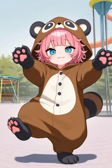 1girl, solo, hood, raccoon ears on her sweatshirt, pink hair, blue eyes, looking at viewer, smile, :3, fang, fang out, short hair, messy hair, open mouth, bangs, fang, raccoon costume, animal paws, pawpads, theme park, standing on one leg, full body