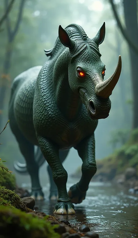 Design a hybrid creature that seamlessly combines the features of a venom and a rhino. The body of horse and the shape of venom skin with legs and face .. Its face should be a perfect fusion of both animals, with glowing, piercing eyes and a menacing snarl...