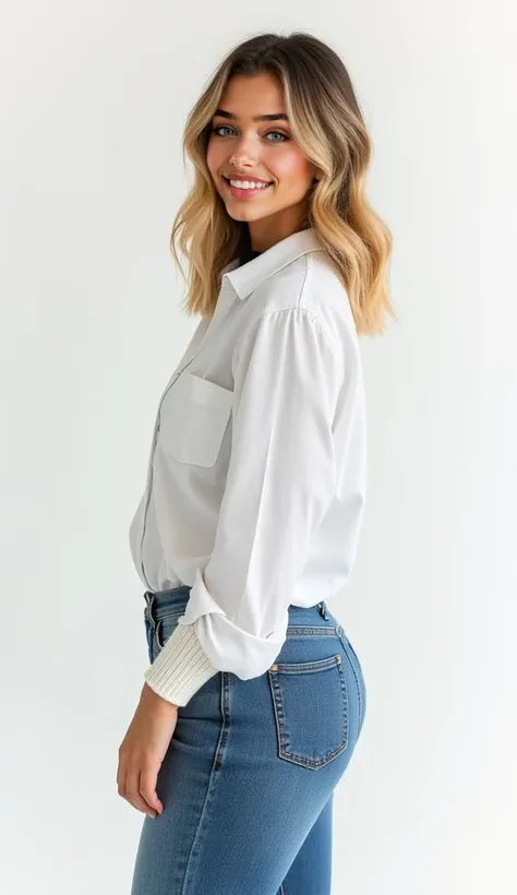 Beautiful (((Latina))) girl named Luna, (((full body shot))), (((full body))), middle length blond gradient hair, bob cut hairstyle, wavy and straightened hair, 20 years old, light tanned, playful smiling, wearing tucked-in white buttoned-up Zara shirt, bl...