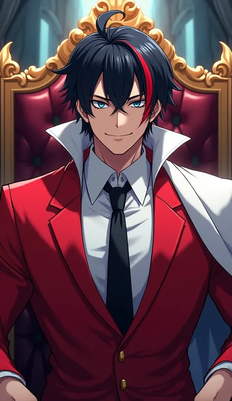 Adult male
Black hair with red in the locks and short hair not long 
White tea 
He has eyes with deep blue irises
Smiling
Wearing a red suit with white details,  with white shirt and black tie
White layer
Muscular

Sitting on a Throne
Anime 