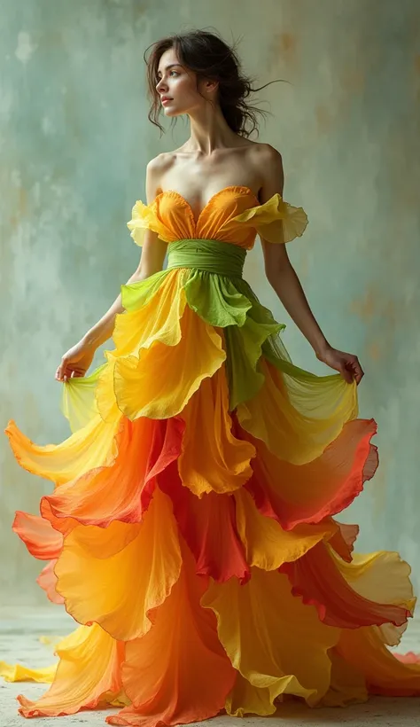 A woman is wearing a flowing, multi-colored dress with shades of yellow, orange, red, and green that resemble flower petals. Her hair is tousled, and she stands gracefully against a blurred, neutral background. The dress appears light and ethereal, as if m...