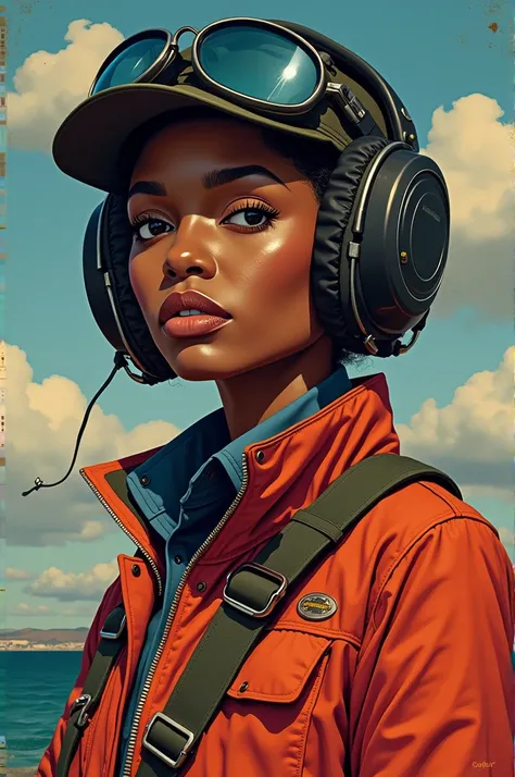 ((best quality)), ((masterpiece)), (detailed),  Perfect Face

I want you to cover an album called Pilot . 
 The concept of being called Pilot is that this is the first album by the female artist Wenny( young black woman ).
Then,  you know the first episode...