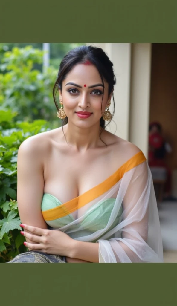 photo of hourglass figure Mature Indian Bengali Aunty with dusky skin, wearing Transparent chiffon yellow saree and green strapless sleevless Blouse, showing her large U cut Cleavage, Red Sindoor on her forehead, Both hands streched up above head showing d...