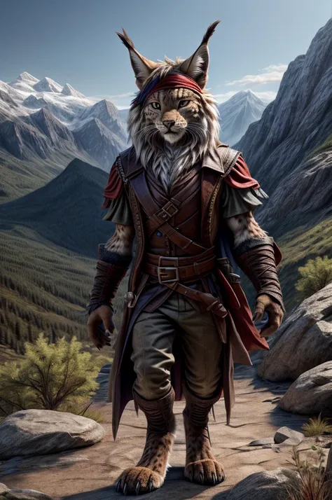 Full body, Lynx, standing, with mane, furry, pirate, claws on fingers and toes, detailed fingers, clear detailed eyes, detailed face, very detailed fur, in the mountains, front view, Highest quality, photorealistic, very detailed, very detailed background