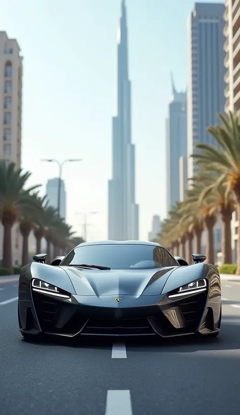 a Lamorghini Aventador model 2024 on an empty avenue in Dubai, In the background of the landscape the Burj Khalifa 