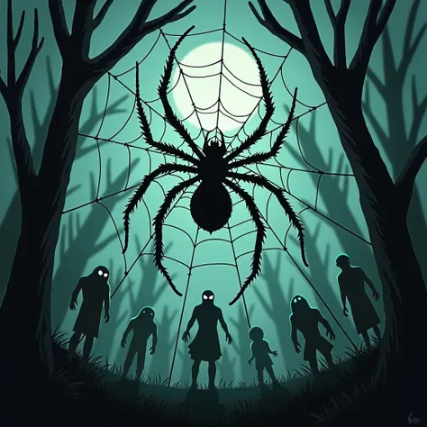 A spider web at the center of the image, with small shadows or silhouettes of terrifying figures trapped in it. These figures represent both real-life horror stories and legendary creatures. Some of the figures inside the web may have the distorted feature...