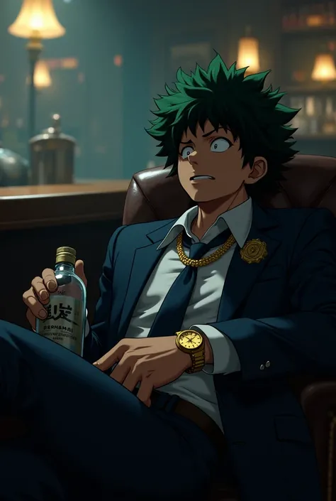 in a bar, Deku is sleeping drunk in the chair ,  deku is wearing a tie suit ,gold wristwatch and necklace , he is holding a vodka bottle