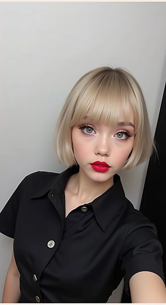 Put bangs hairstyle and red lipstick