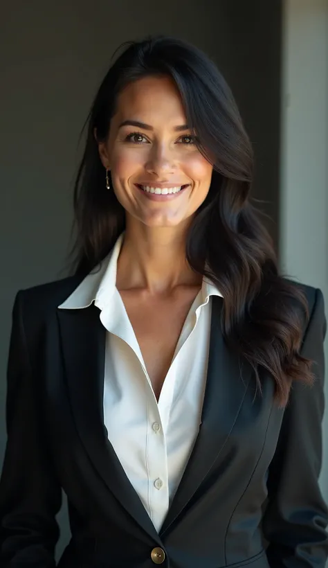 Create an image of a beautiful 41-year-old woman , height 1,75m straight black hair beautiful teeth in white blouse and executive suit,  executive clothing an award-winning advertising photo with Canon Eos 5D camera cinematographic lighting