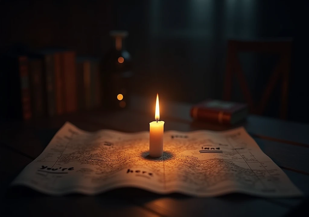 17
A candle burning in a dark room ,  with light illuminating a map marked with " youre here ".

