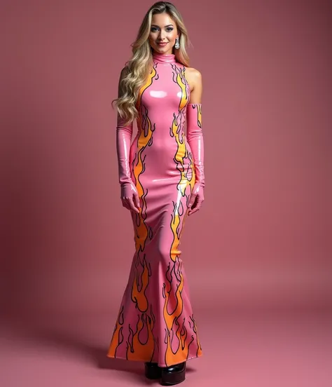 (masterpiece,Highest quality,Ultra-high resolution), full body shot,  full body photography,  a European woman is wearing a pink floor length pencil latex dress with a turtleneck long sleeved dress and lots of big printed black and yellow flames all over t...