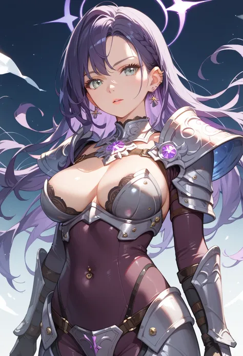 score_9, score_8_up, score_7_up, warrior with wild, dark purple hair and piercing silver eyes, very large breasts, waist-up, dressed in a sleek, armored bodysuit with glowing lunar engravings