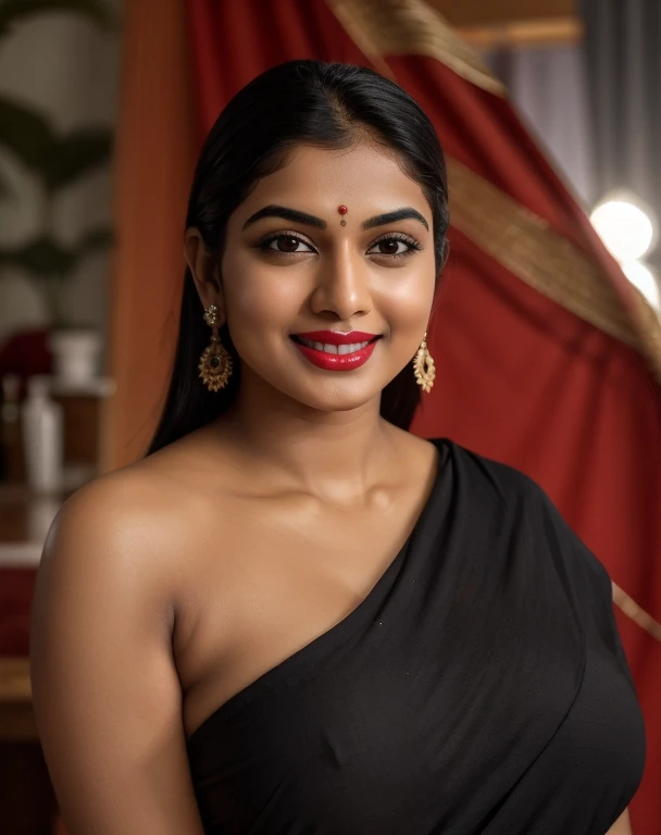 An Indian beautiful woman with fair skin, a long face, big red lips, attractive eyes, her lips glowing with pink lipstick, large round breasts, milk flowing from her nipples, sitting with her legs spread wide apart, completely naked, living with water in h...