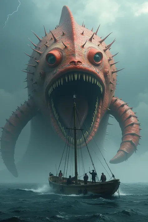 "A monstrous sea creature ,  similar to a colossal fish ,  with sharp teeth and large, expressive eyes .  The creature must have a creepy appearance ,  with shades of red and orange on its skin ,  covered by thorns and realistic details .  The setting is a...