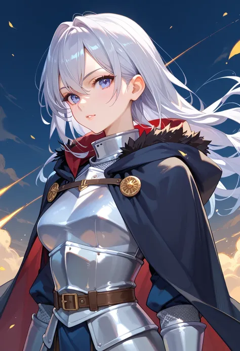 score_9, score_8_up, score_7_up, knight with tousled silver hair and a faint scar across his cheek, waist-up, wearing a dark cape with moonlit embroidery