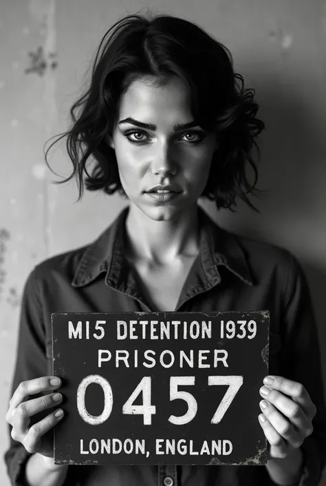 A stark black-and-white mugshot of a woman in her late 20s, taken under the clinical, unforgiving light of a MI5 detention facility. Her dark hair, slightly disheveled, frames a face that is both striking and resolute, with a faint scar cutting across her ...