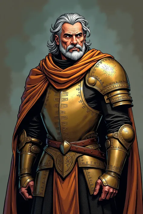 Yohn Royce is a proud lord of 50 years. His face is lined, and he has grey hair, slate-grey eyes, and bushy eyebrows. He is tall. He wears ancient bronze armor inscribed with runes and a cloak of light brown silk. Use classic comic-style inking, with bold ...