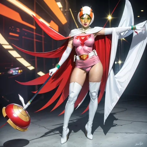 ANI_CLASSIC_jun_gatchaman_ownwaifu,1girl, ,good anatomy, masterpiece, best quality,realistic, hyperrealistic, 16k hdr,breasts,green eyes,lips,large breasts,lipstick,makeup,gloves,cape,helmet,belt,elbow gloves,white gloves,mask,white tight overknee highheel...