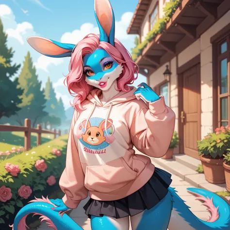 rabbit, furry,  dragon emblem hoodie,  short black skirt,  in the middle of a hill ,  big boobs, blue fur, curled pink hair , amber eyes, lipstick