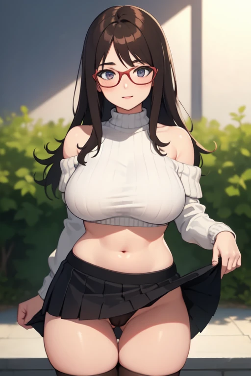 ((best quality)), (( masterpiece )), (detailed), 1girl,  off-shoulder sweater , ANIME WOMAN, long brown hair,,  bronzed , round glasses Leer , athletic body dressed in a mini skirt top and stockings and big boobs in position lifting the big butt.