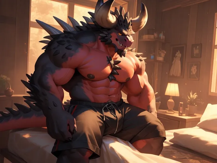 ((No,  pumped male demon looking like a hairy dragon and yellow eyes dawns with the  ( red skin ) e um corpo humanóide com feições feias que mostra sua força  Intimidating Executioner a cheia de luxúria e malícia mostrando sua língua preta e dentes afiados...